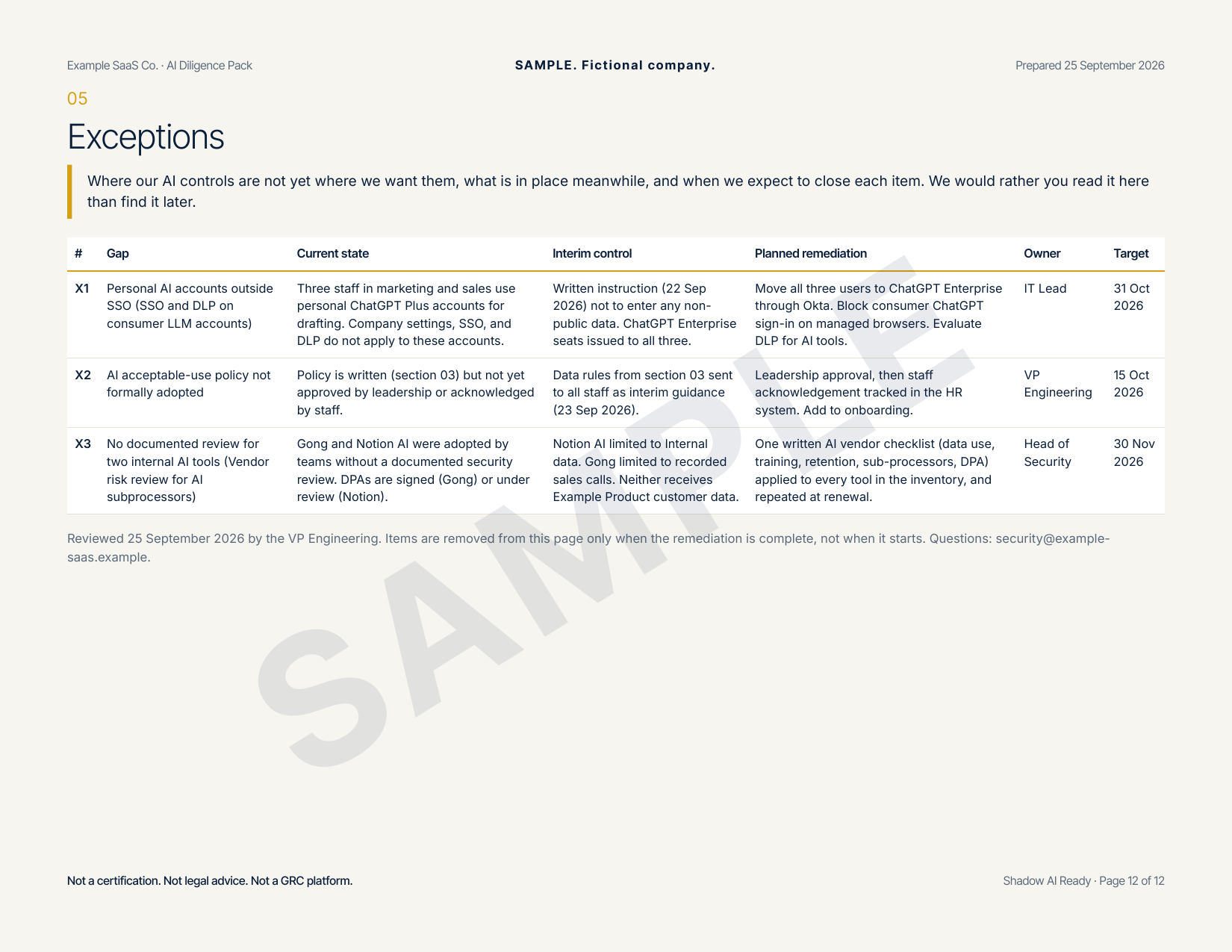 Sample exceptions page with gaps, interim controls, and target dates