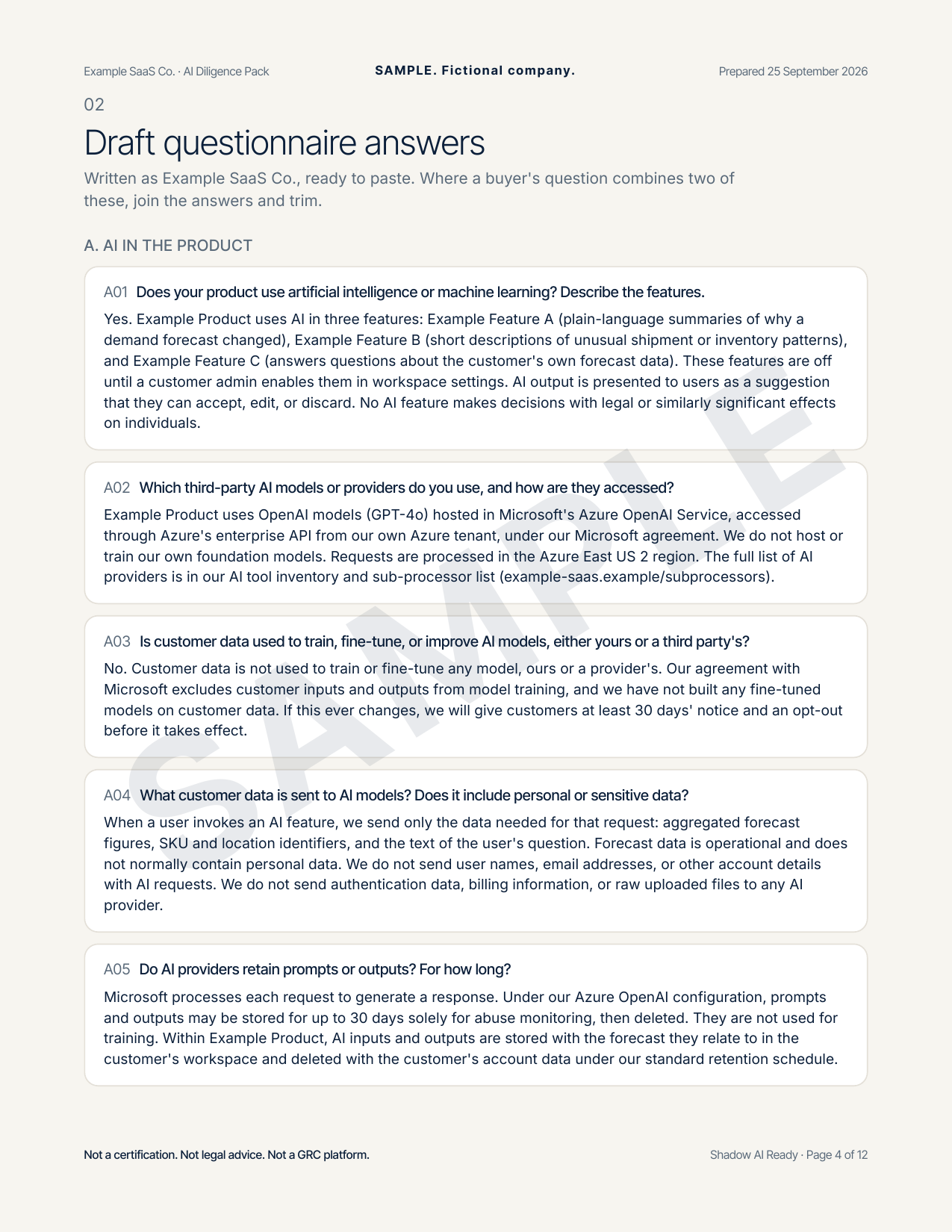 Sample draft questionnaire answers page